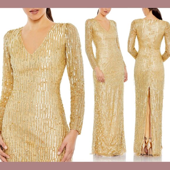 NWT $598 Mac Duggal [ 12 ] Sequined Long Sleeve V Neck Beaded Fringe Gown Gold‎ - Picture 1 of 15